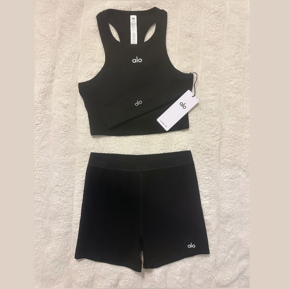 ALO Yoga Black Tank and Shorts Set w/ headband